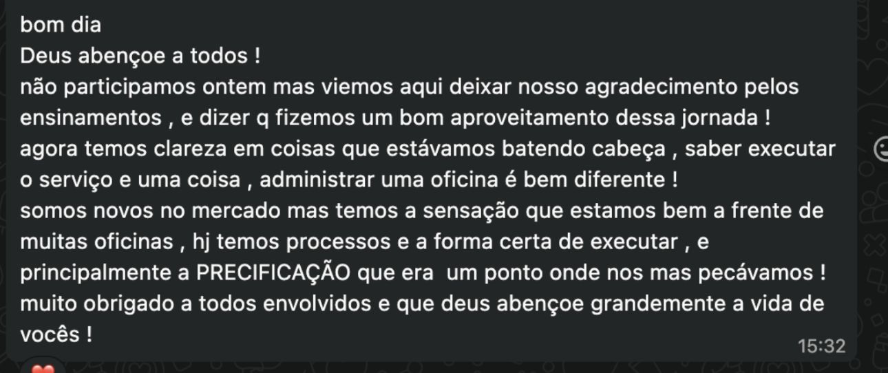 Print de WhatsApp com relato de aluno sobre a precificação